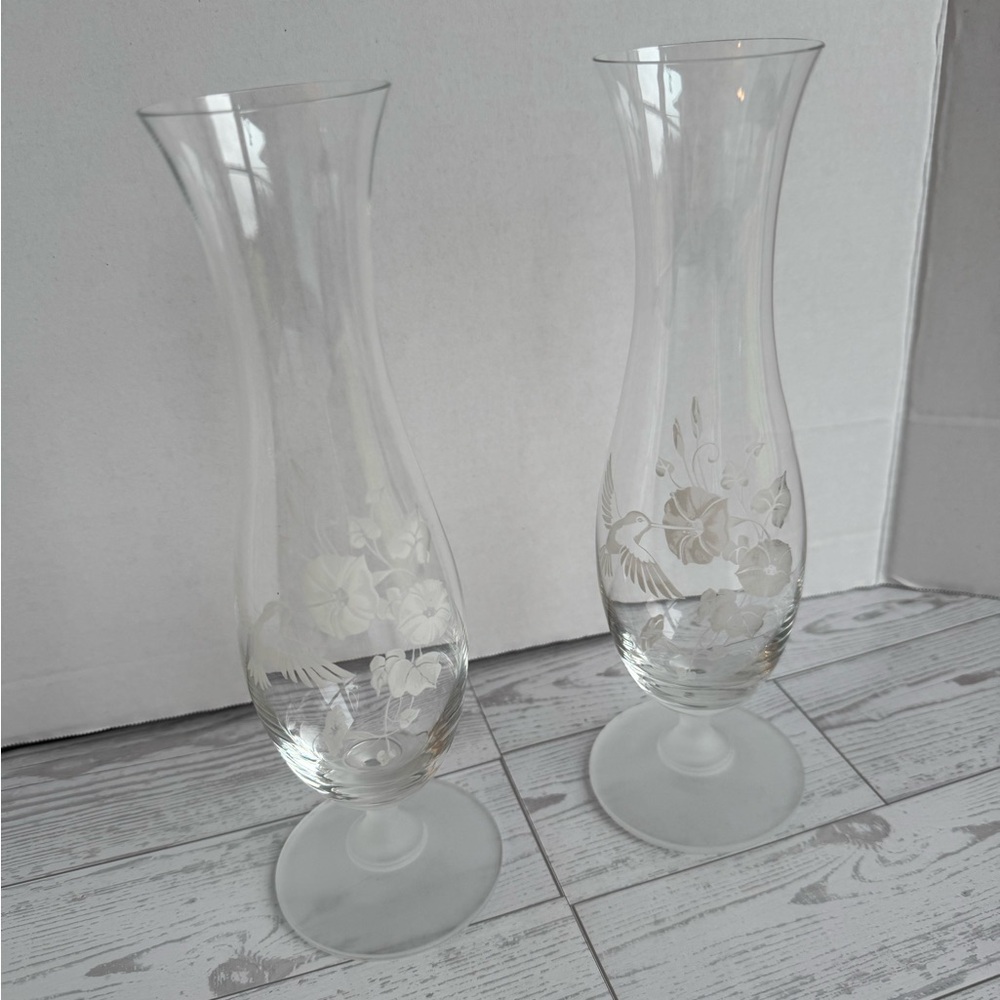 Pair of Clear Etched Glass Pedestal Vases with Hummingbird Floral Motif
